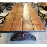 A 17th century style planked top refectory dining table, W.228cm, D.86cm, H.76cm