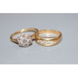Two early 20th century 18ct and diamond rings, channel set graduated five stone and rose cut diamond