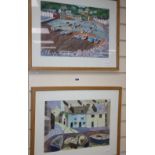 Anne Sheppard, watercolour and a collage, Cornish fishing village scenes, signed, 28 x 39cm