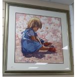 Lucy Wiles, watercolour, Child beside roses, signed, 55 x 55cm