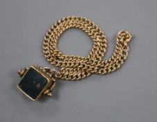 A late Victoria 9ct gold curblink chain, 38cm, hung with a 9ct gold, bloodstone and carnelian set