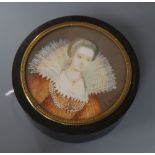 A circular tortoiseshell snuff box and cover, lid inset with a painted portrait of an Elizabethan