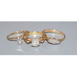 Two 18ct and diamond set dress rings including 1970's, gross 5.3 grams and a 585 and diamond ring,