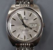 A gentleman's stainless steel Bucherer chronometer manual wind? wrist watch, with day/date aperture,