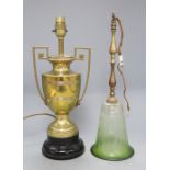 An Edwardian brass and green glass pendant lamp, drop 41cm, together with another lamp,