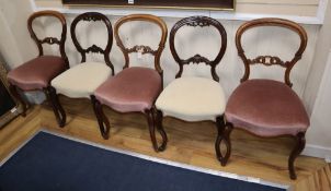 Five (three plus two) Victorian balloon back dining chairs