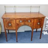 A George III inlaid mahogany bowfront sideboard, W.137cm, D.67cm, Height including rail