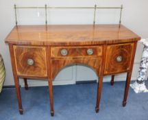 A George III inlaid mahogany bowfront sideboard, W.137cm, D.67cm, Height including rail