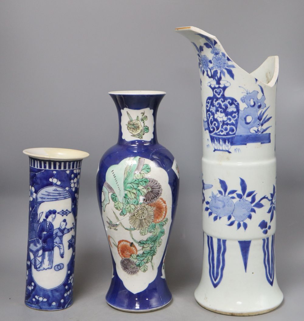 Three Chinese blue and white vases, tallest 46cm (a.f.)CONDITION: All three have some form of