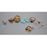 Three assorted dress rings including two 9ct, gross 18 grams, a 750 sapphire and diamond brooch, a