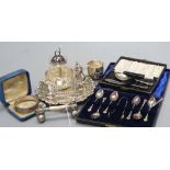 A silver circular waiter and sundry other silver items, including six silver coffee spoons and sugar