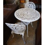 A painted aluminium circular garden table and two chairs, table 72cm diameter