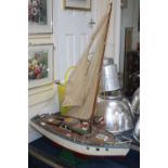 A painted pond yacht on stand, length 97cm