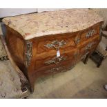 A Louis XV style parquetry marble top serpentine bombe commode, W.128cm, D.52cm, H.92cmCONDITION: