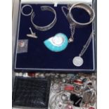 A group of assorted modern 925 and white metal jewellery, including necklaces, earrings, brooches
