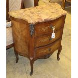 A French marquetry inlaid three drawer serpentine marble top chest, W.68cm, D.37cm, H.78cm