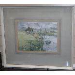 Gillian M Hobbs, watercolour, Angler on a river bank, signed, 18 x 37cm