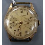 A 1950's? yellow metal Baume & Mercier chronograph manual wind wrist watch, no strap, diameter 38mm,