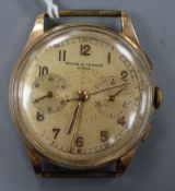 A 1950's? yellow metal Baume & Mercier chronograph manual wind wrist watch, no strap, diameter 38mm,