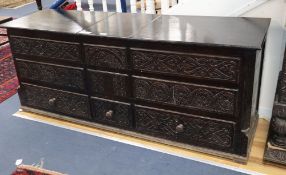 An 18th century and later carved mule chest (adapted) W.192cm, D.57cm, H.78cm