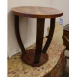 An Art Deco style figured walnut circular two tier occasional table, 55cm diameter, H.60cm