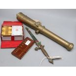 A replica brass cannon, a replica 'jewelled' dagger (a.f), a 'Klik' bridge marker and a cased game