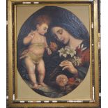 19th century Italian School, oil on canvas, Mother and child with lilies, framed to the oval, 75 x