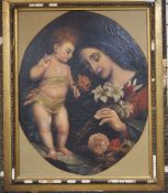 19th century Italian School, oil on canvas, Mother and child with lilies, framed to the oval, 75 x