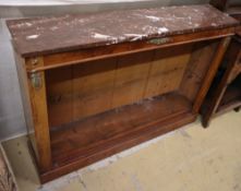 A pair of Regency style mahogany open bookcases with marble tops and brass mounts, W.120cm, D.