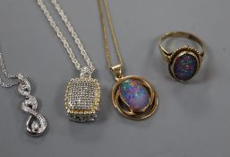 A modern 925 and pave set diamond chip pendant on 925 chain, two other pendants and a ring including