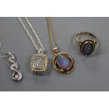 A modern 925 and pave set diamond chip pendant on 925 chain, two other pendants and a ring including