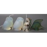 Two Lalique opalescent glass owls, H 5.5cm, a Lalique green glass fish and a Christofle small plated