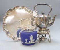 A silver plated kettle, stand and burner, a piecrust salver and a Wedgwood style mounted biscuit