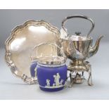 A silver plated kettle, stand and burner, a piecrust salver and a Wedgwood style mounted biscuit