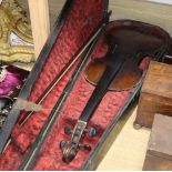 A late 19th century German violin, bears Stradivarius label, cased with bow, back 36cm