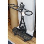 A Victorian Coalbrookdale style cast iron four division stick stand, W.46cm, D.66cm