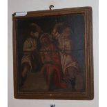 18th century Continental School, oil on wooden panel, Crucifixion scene, 30 x 28cm