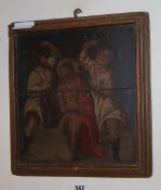 18th century Continental School, oil on wooden panel, Crucifixion scene, 30 x 28cm