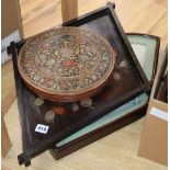 A 19th century Indian painted panel in embossed box and a Japanese lacquer lozenge shaped tray