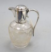 An Edwardian silver mounted etched glass claret jug, Birmingham, 1907, height 19.7cm.CONDITION: