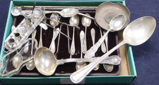 A cased set of twelve Victorian silver teaspoons with tongs, an Edwardian silver miniature tea set