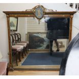 A Victorian amboyna giltwood and gesso overmantel mirror with oval jasper pediment, W.153, H.148cm