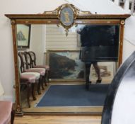 A Victorian amboyna giltwood and gesso overmantel mirror with oval jasper pediment, W.153, H.148cm