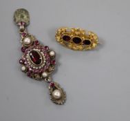 A 19th century continental white metal, garnet, pearl and pink paste set drop pendant(a.f.) 6cm