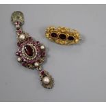 A 19th century continental white metal, garnet, pearl and pink paste set drop pendant(a.f.) 6cm