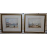 Marjorie May Bacon after Cotman, pair of watercolours, Coastal windmill and Lake scene, 18 x 24cm
