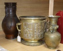 Two Chinese bronze vases and a jardiniere, tallest vase 37cm