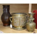 Two Chinese bronze vases and a jardiniere, tallest vase 37cm