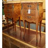 A pair of Louis XV style marquetry inlaid marble topped bedside chests, W.38cm, D.25cm, H.76cm