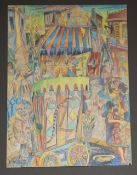 Modern British, coloured pencil, Fairground with Punch and Judy stall, indistinctly signed, 58 x